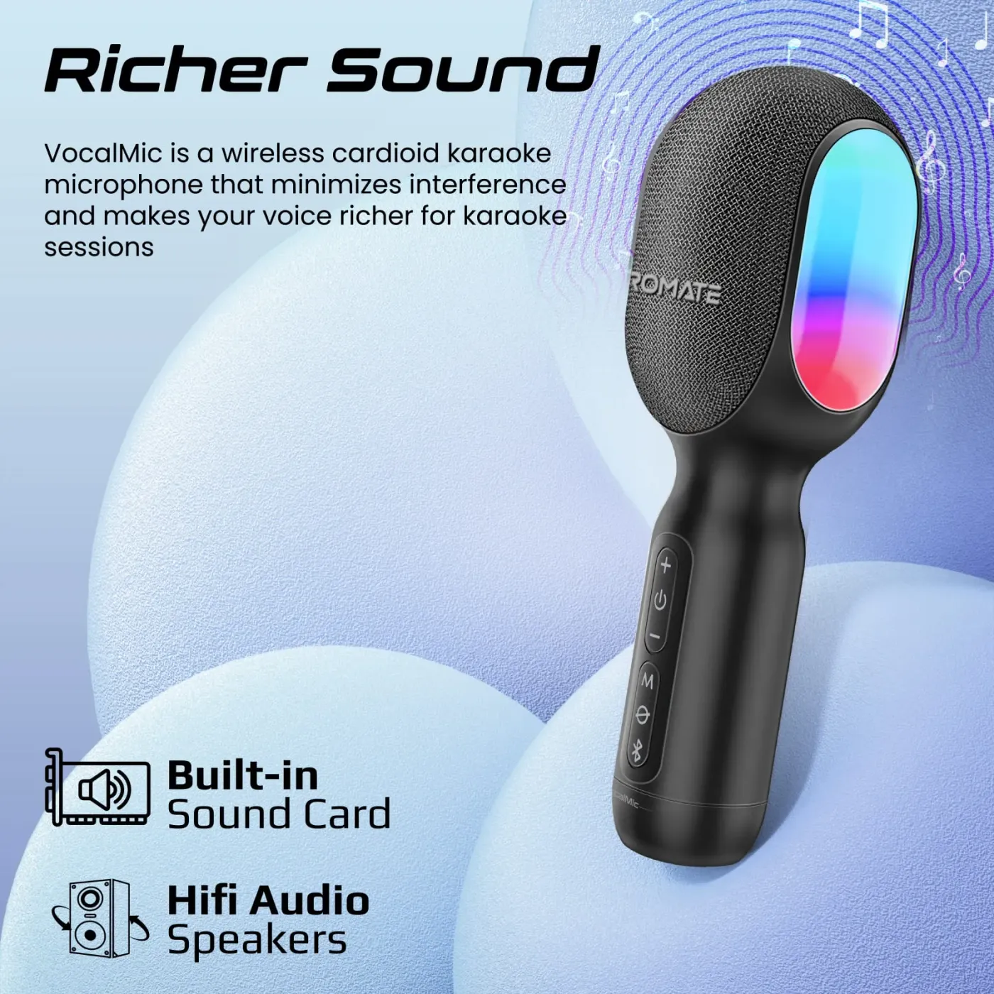 Promate VocalMic karaoke microphone shown with its full accessory set