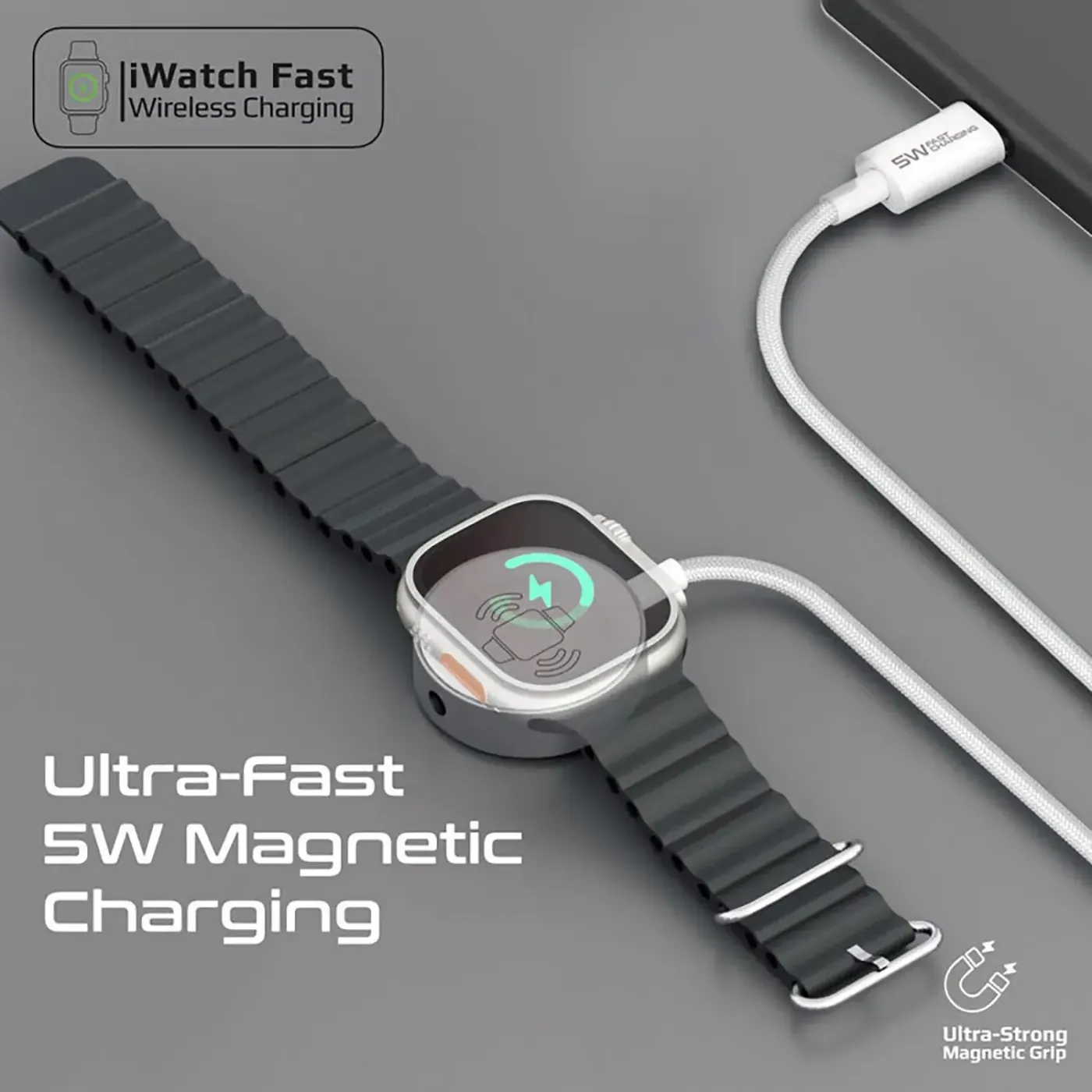 WatchLink-C cable charging a watch from a USB-C power source