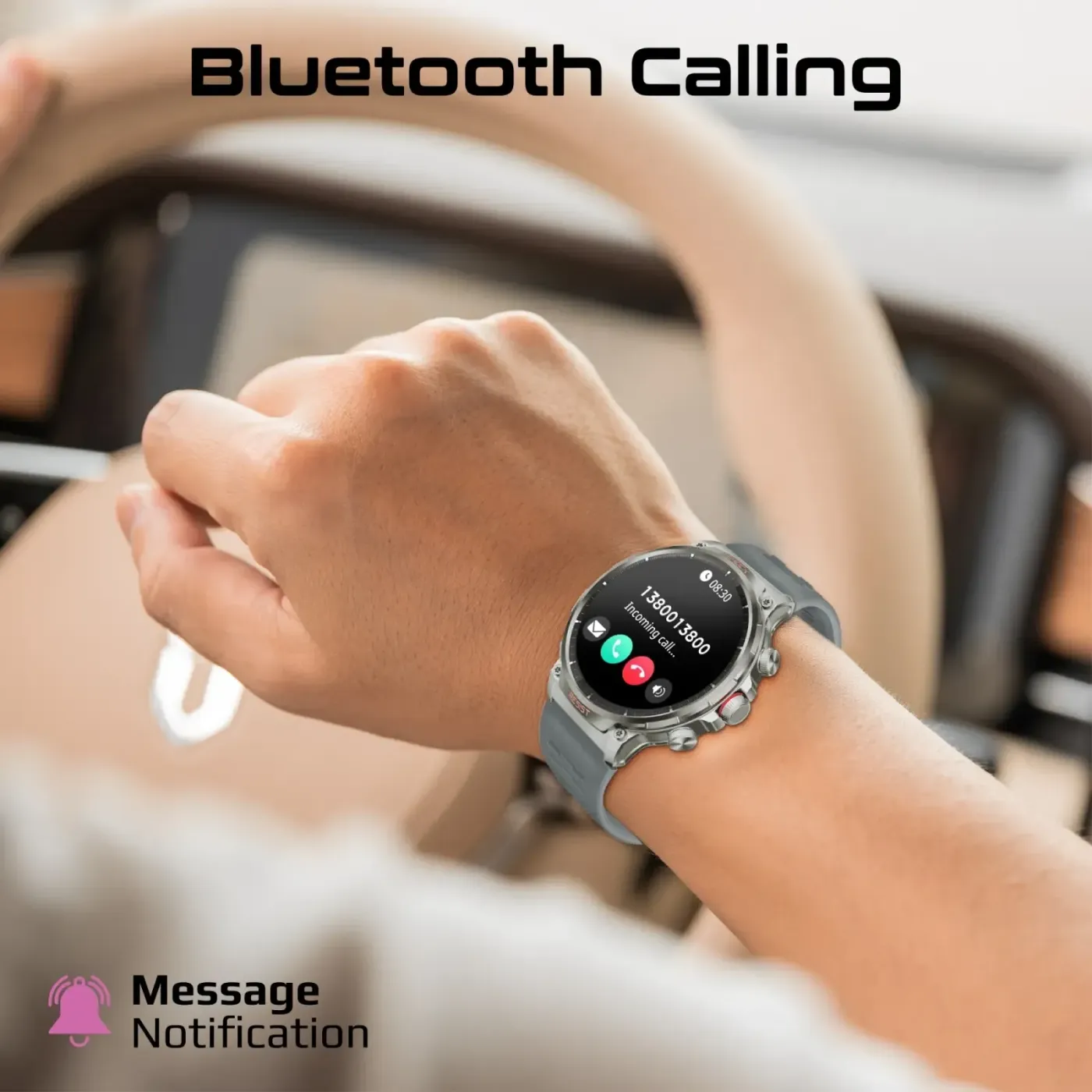 Promate xWatch R20 silver smartwatch showing an incoming Bluetooth call