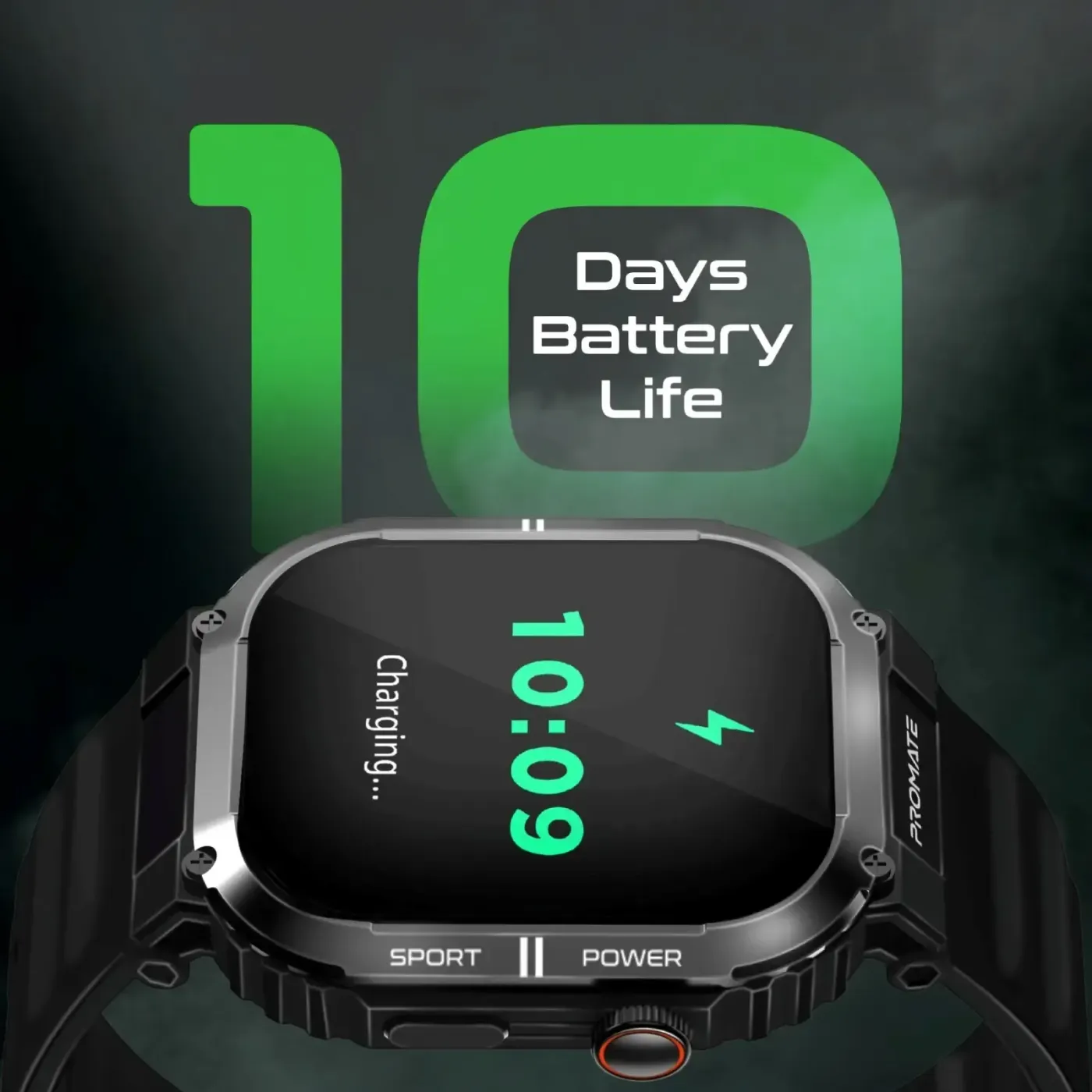 Promate xWatch SL fitness tracker smartwatch in black with its 2.01-inch display lit