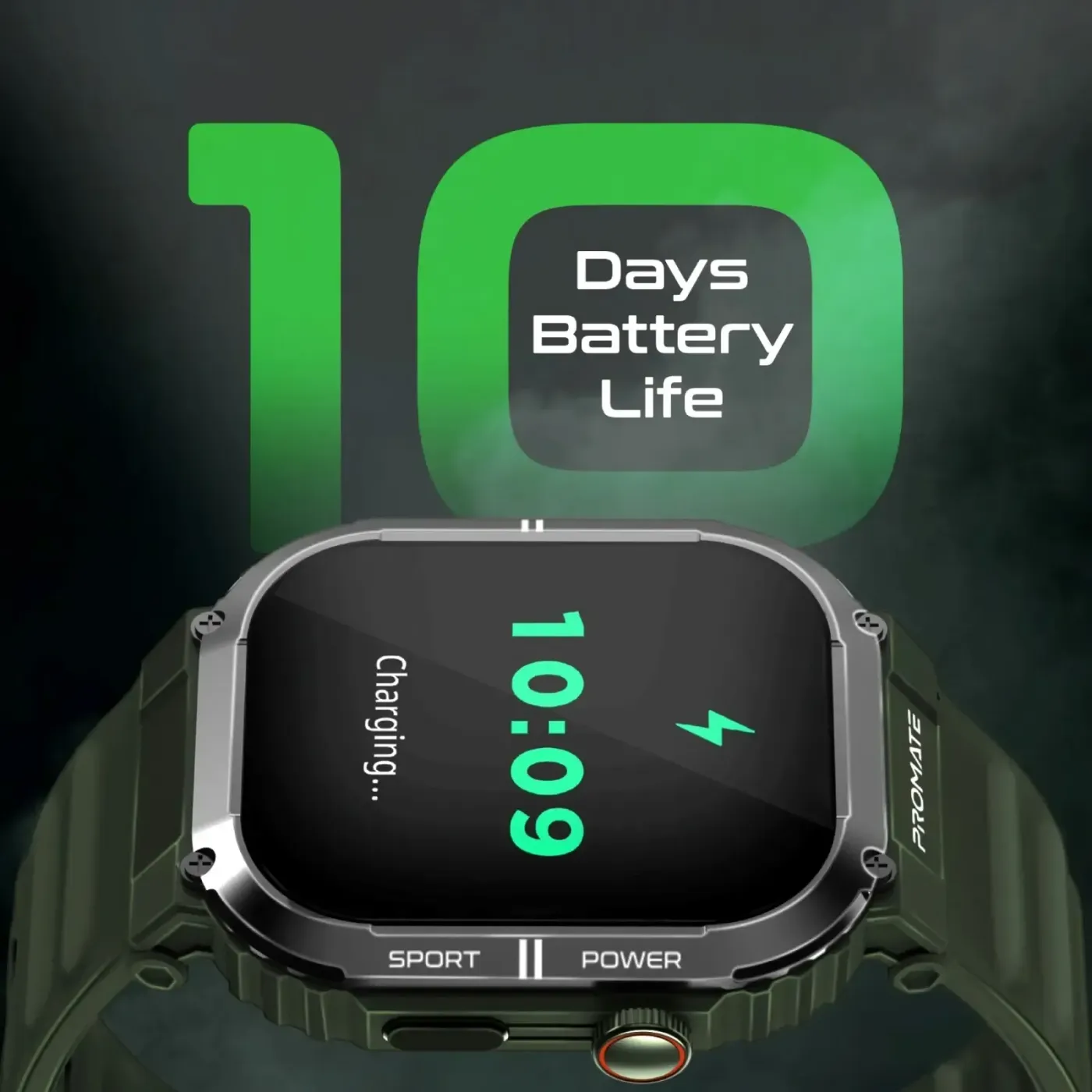 Promate xWatch SL smartwatch in green showing its 2.01-inch display and aluminium alloy case