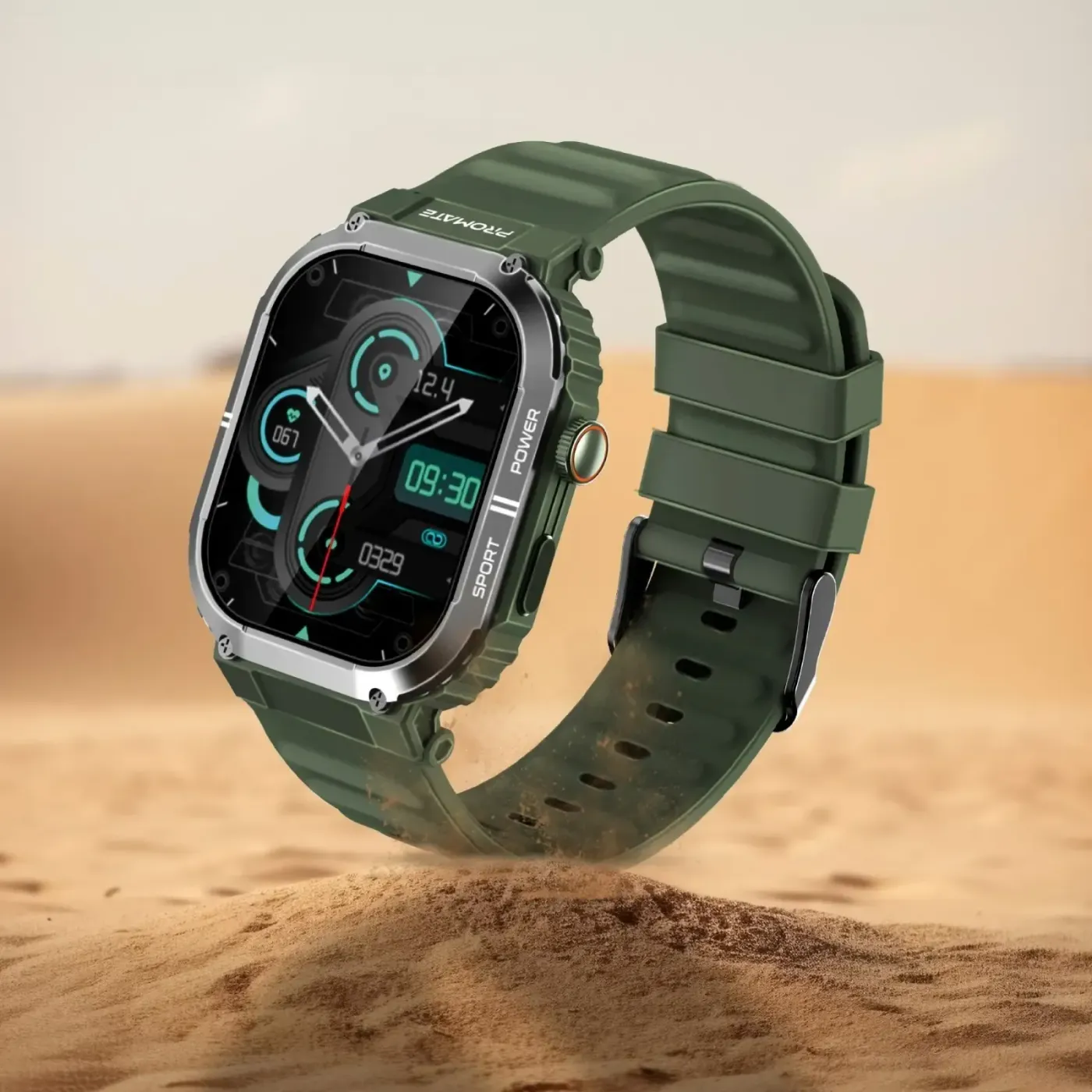 Green Promate xWatch SL shown from the side with its charging contacts visible