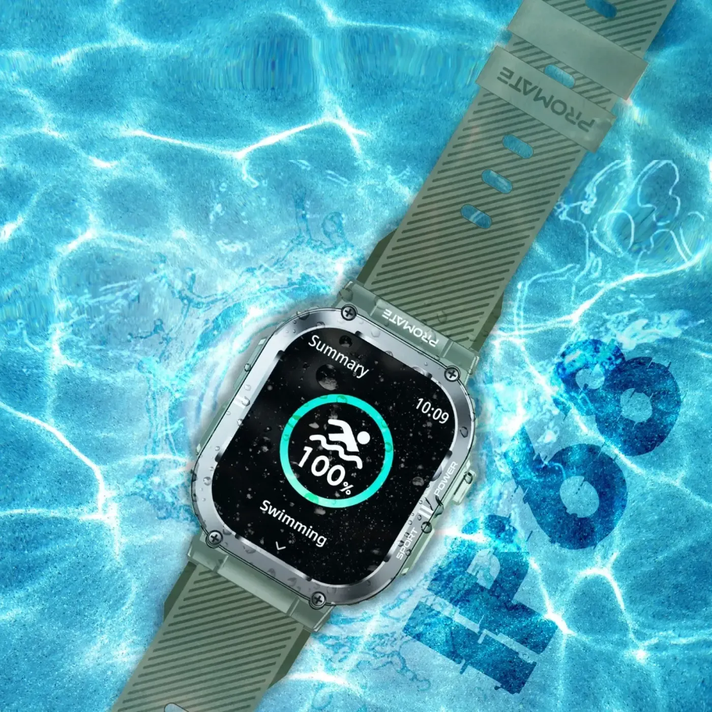 Underside of the green Promate xWatch SL showing the optical heart rate sensor array