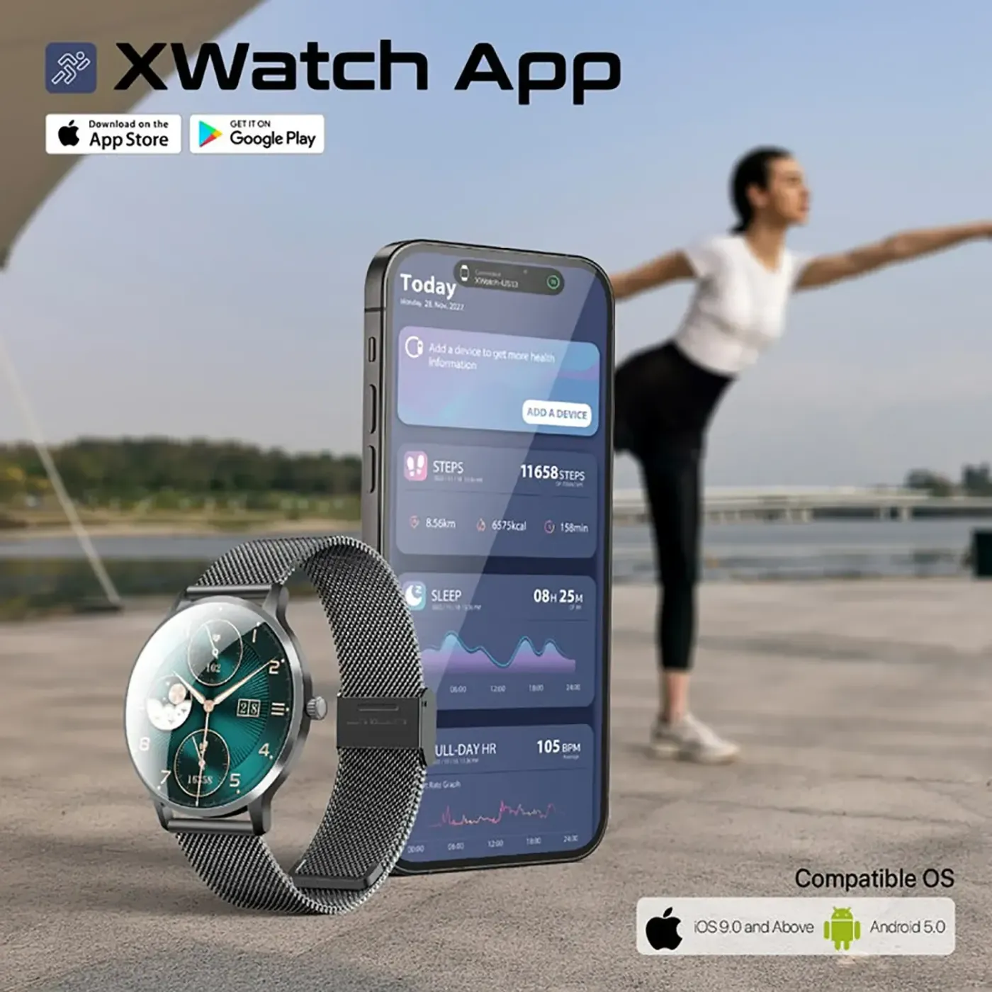 Black xWatch US13 displaying a customised watch face from the XWatch app