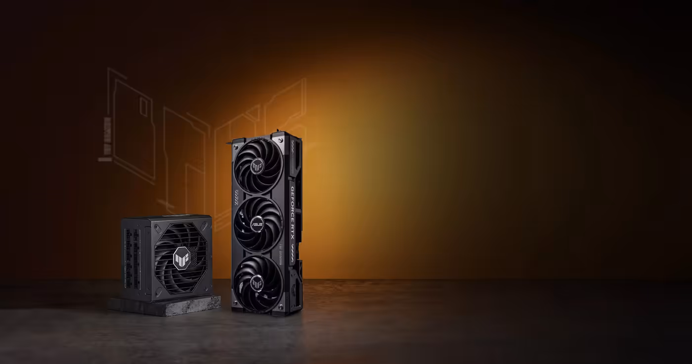 TUF Gaming Gold Series PSU on display matching RTX 50 Series