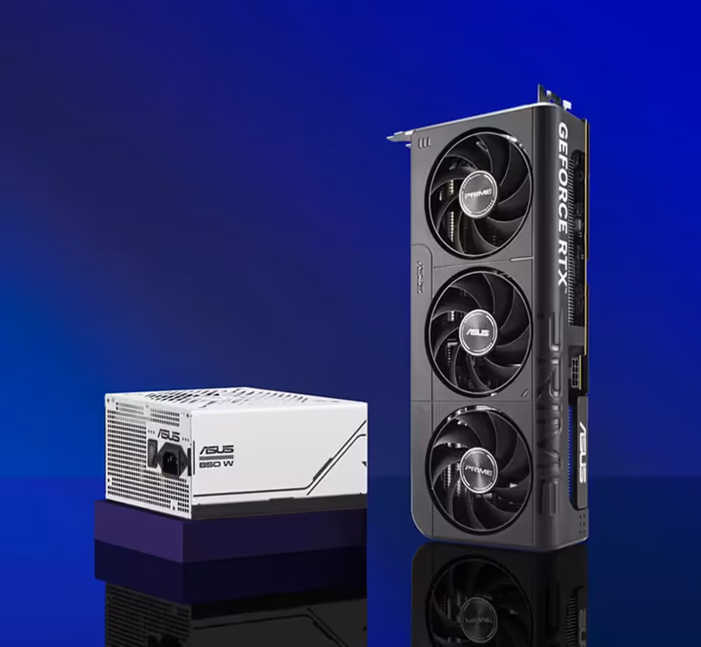 Prime Gold PSU displayed next to Prime RTX 5060 graphics card