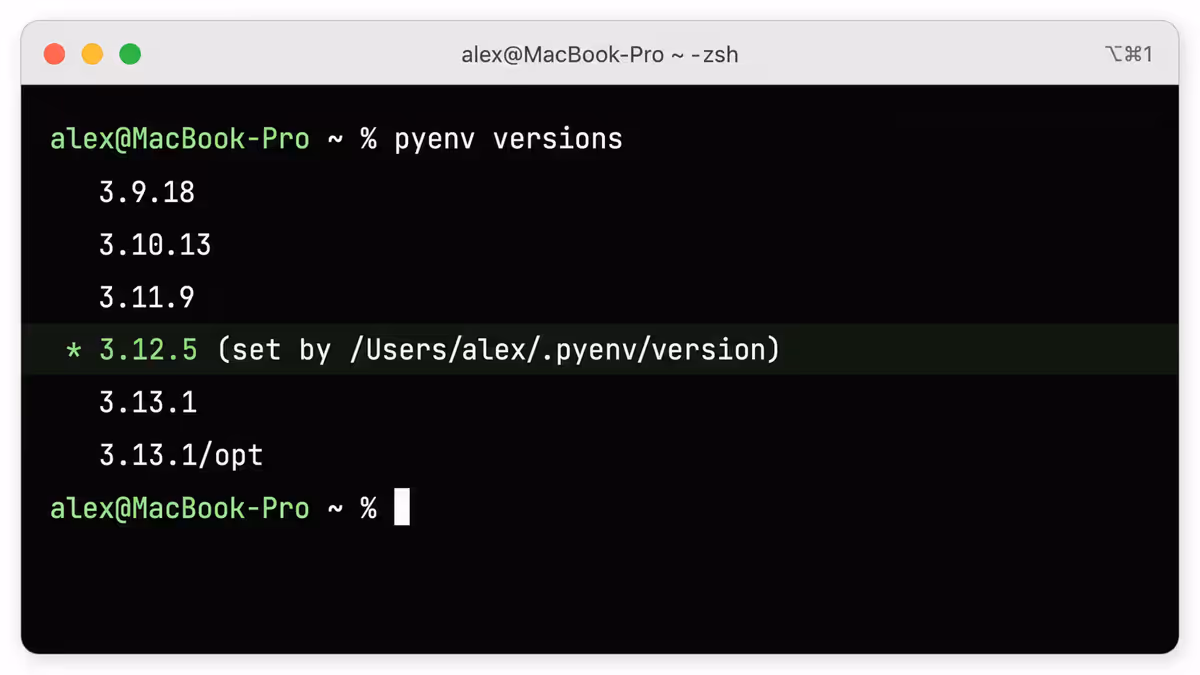 Terminal showing pyenv versions list