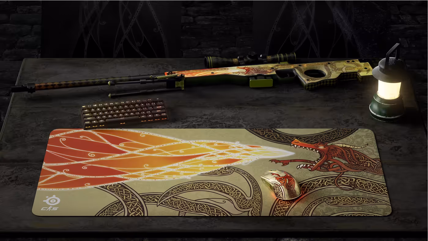 SteelSeries QcK XXL CS2 Dragon Lore Edition mousepad featuring iconic gaming artwork