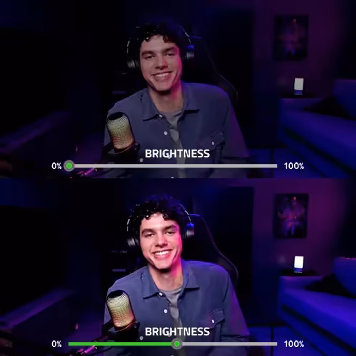 Two images of a young man smiling in front of a microphone, with brightness adjustment bars at the bottom, both set near full brightness.