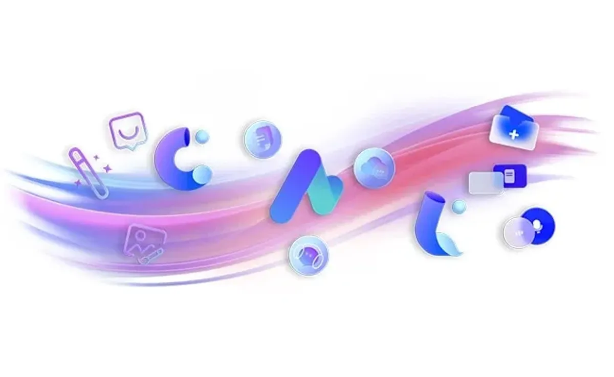 Icons and abstract shapes hover before a purple and read swoosh pattern.