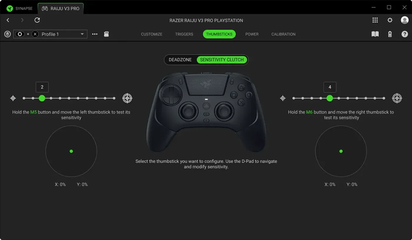 Razer Synapse software interface displaying thumbstick sensitivity calibration controls