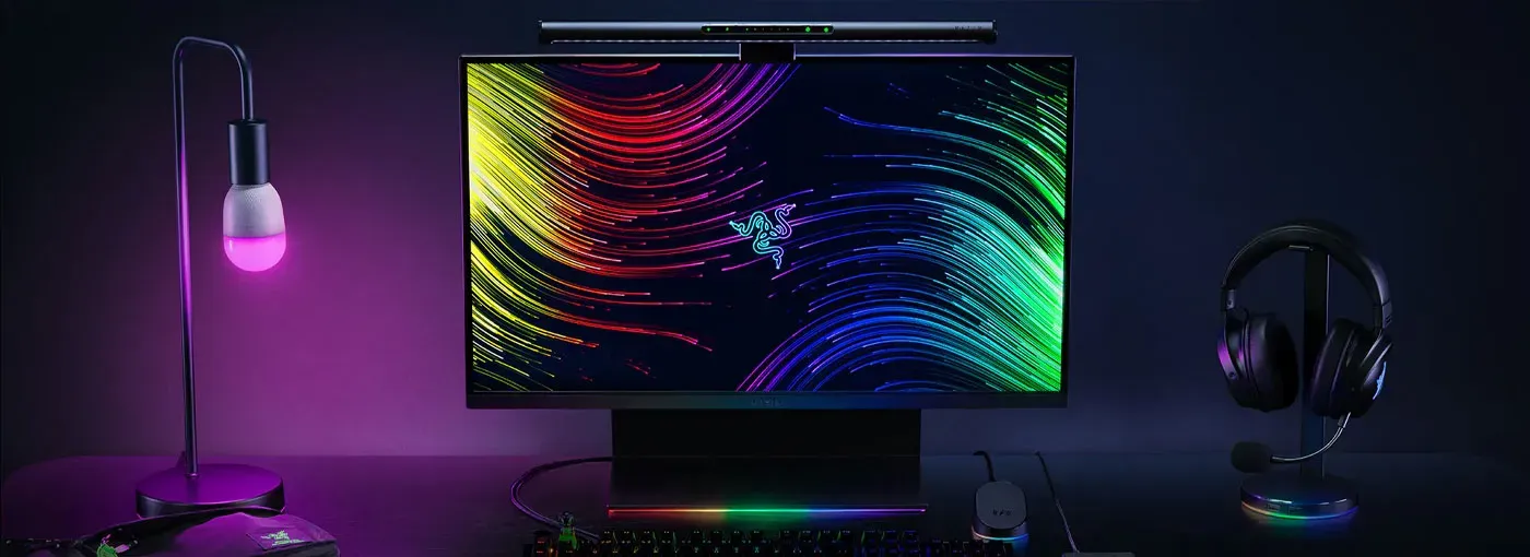 Razer Aether RGB Monitor Light Bar installed in gaming setup