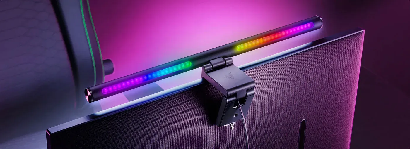 Razer Aether RGB Monitor Light Bar providing desk illumination