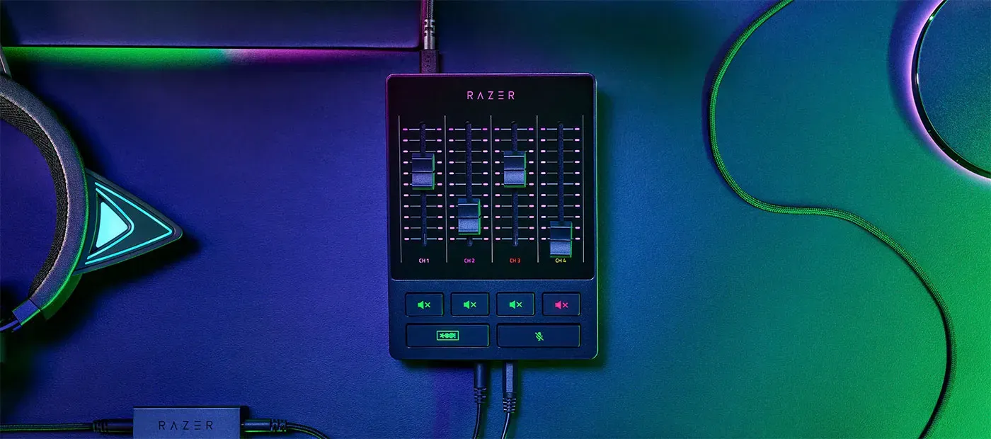 Razer Audio Mixer all-in-one analog and digital mixer viewed from above