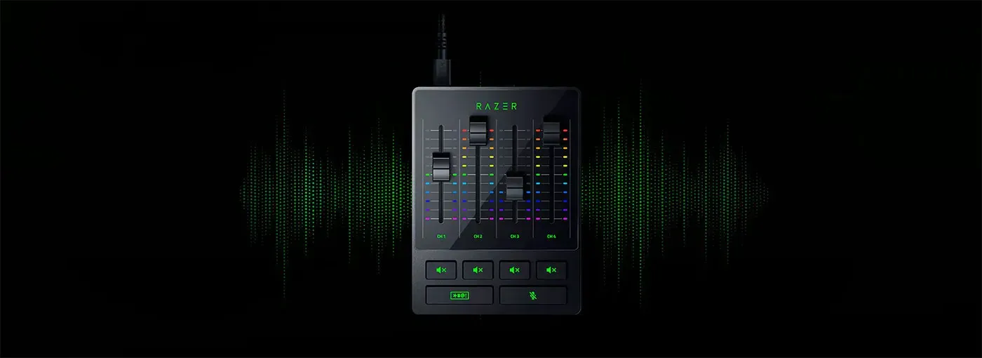 Razer Audio Mixer set up on a desk for podcasting and streaming