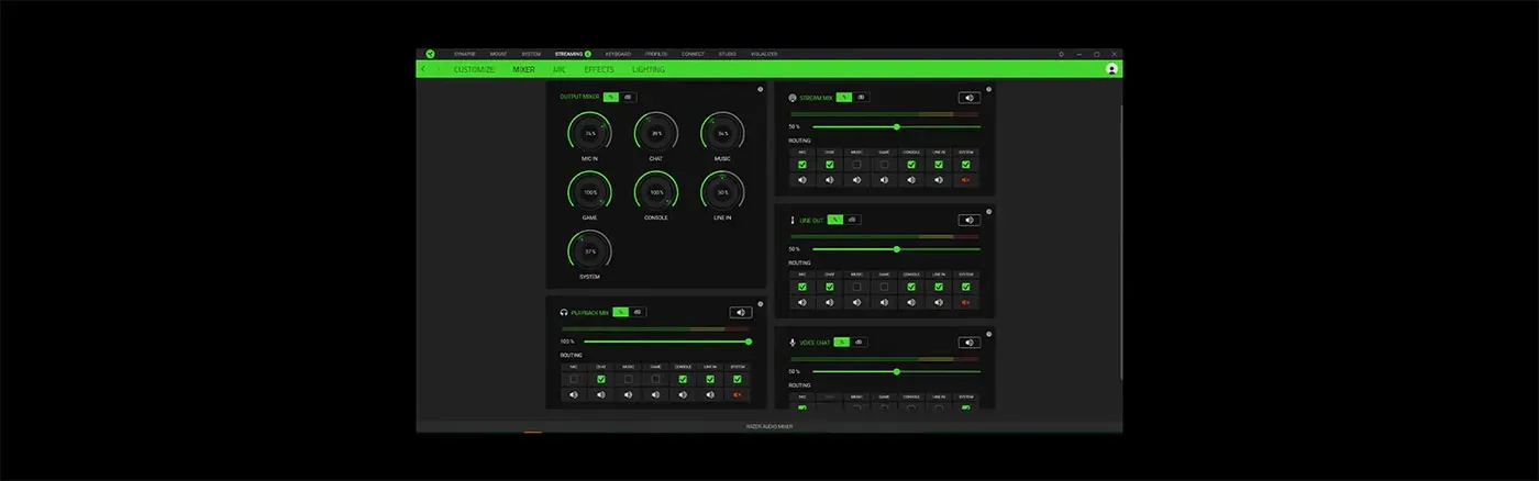 Stream mix and playback mix controls in Razer Synapse