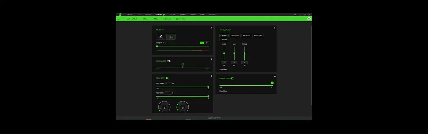 Microphone EQ, compressor and noise gate settings in Razer Synapse