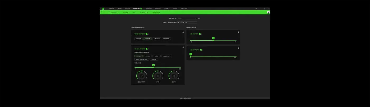 Razer Chroma RGB lighting indicating channel levels on the Audio Mixer