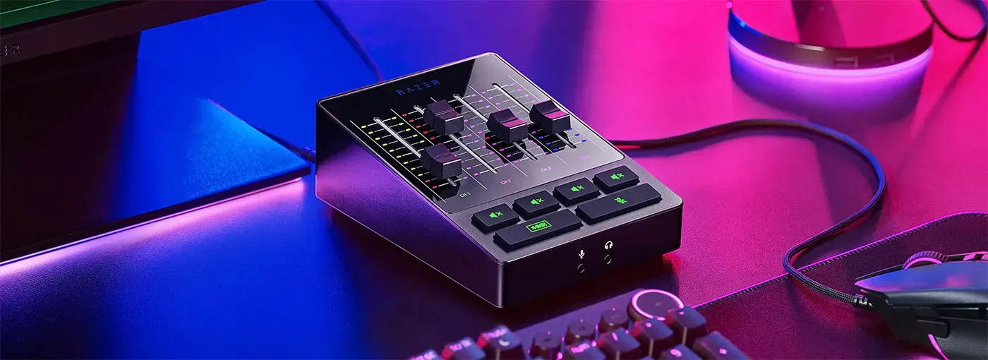 Razer Audio Mixer shown in full on a desk