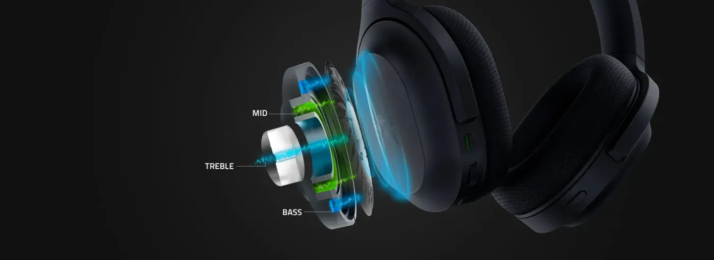 Close-up of Razer TriForce Titanium 50mm driver design for high-fidelity audio