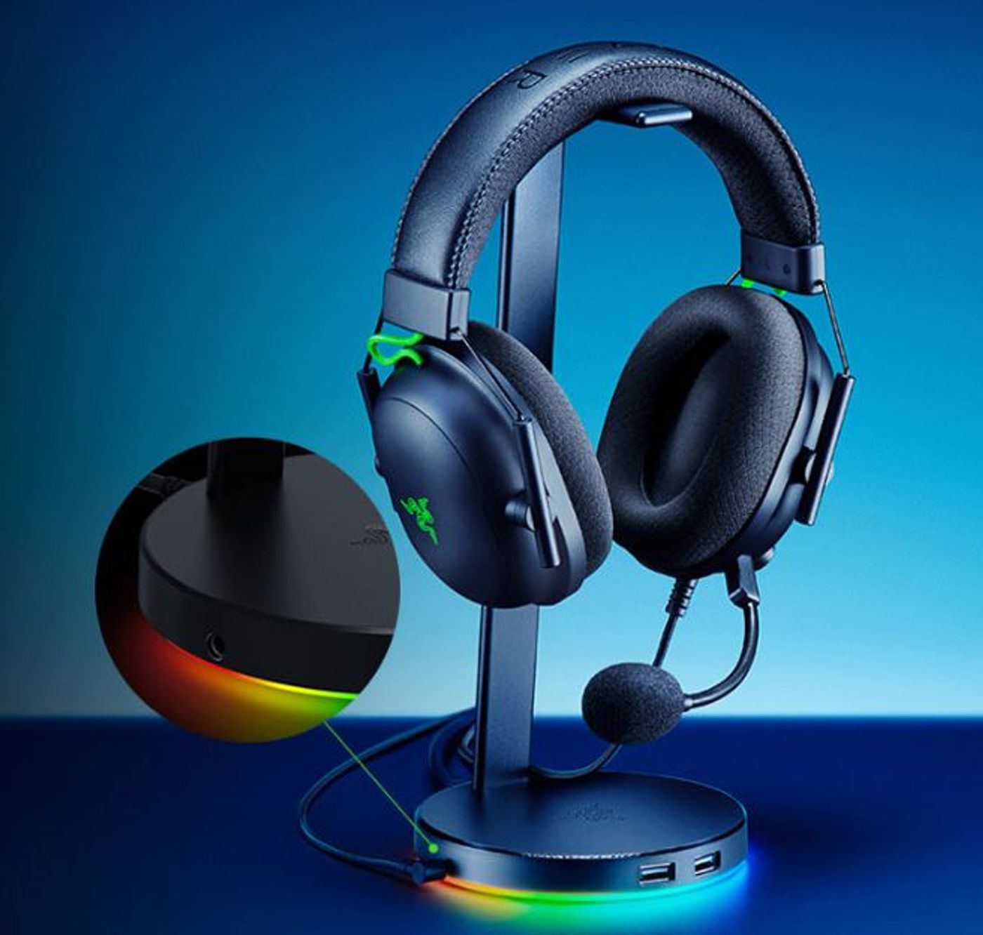 Razer Base Station V2 Chroma showing USB 3.1 ports and 3.5mm combo jack