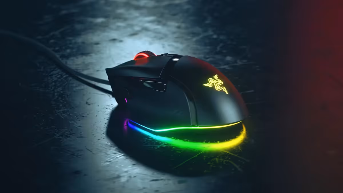 Razer Basilisk V3 35K Wired Mouse showing vibrant Chroma RGB underglow lighting