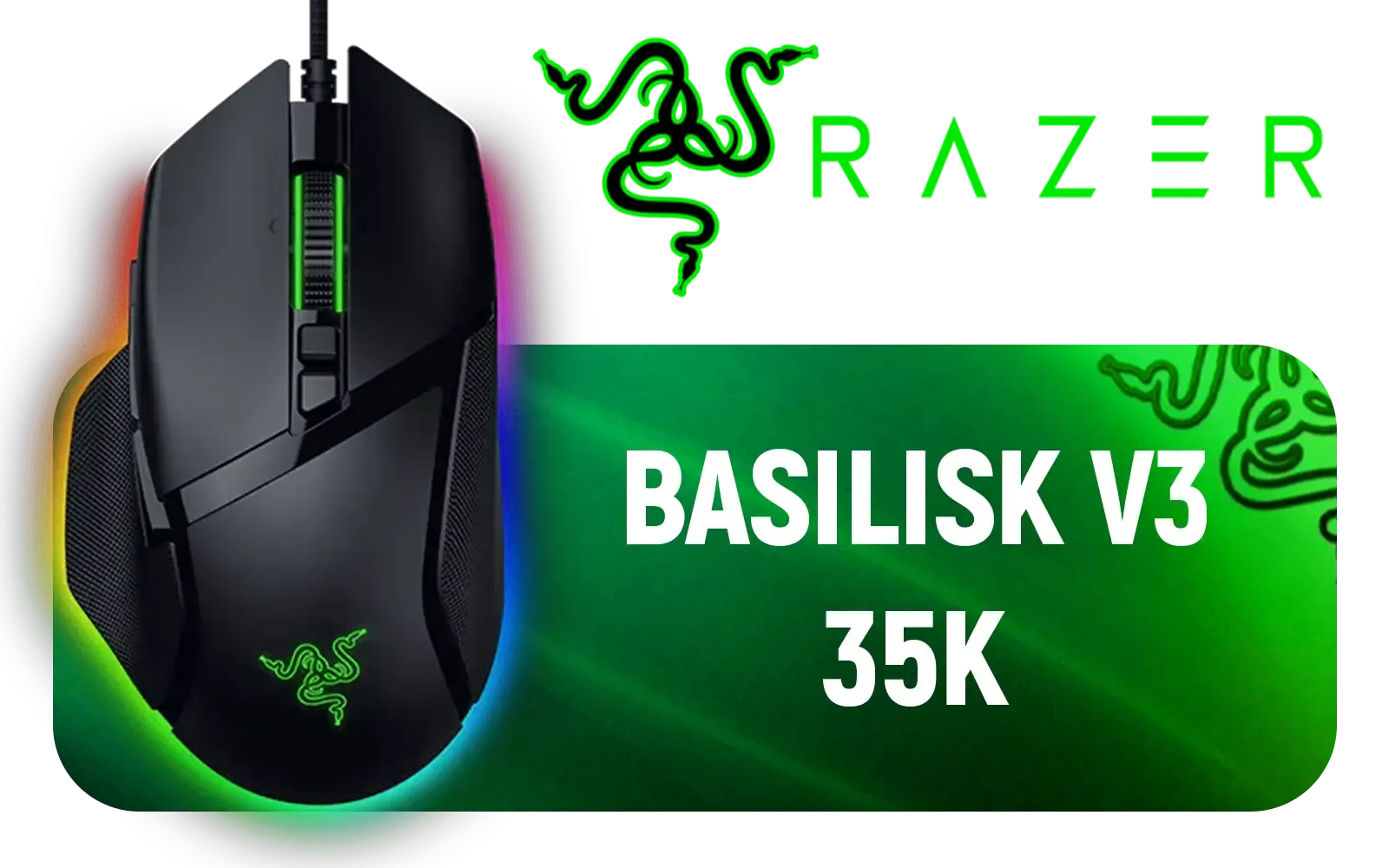 Razer Basilisk V3 35K Wired Ergonomic Gaming Mouse - Black / HyperScroll Tilt Wheel / 35K DPI Optical Sensor Gen 2 / 13 Customizable Controls / Chroma RGB / Optical Switches Gen 3 / RZ01-05230100-R3M1