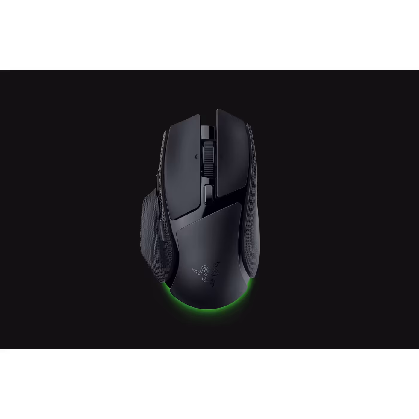 Top-down view of the black Razer Basilisk V4 HyperSpeed with its underglow lit