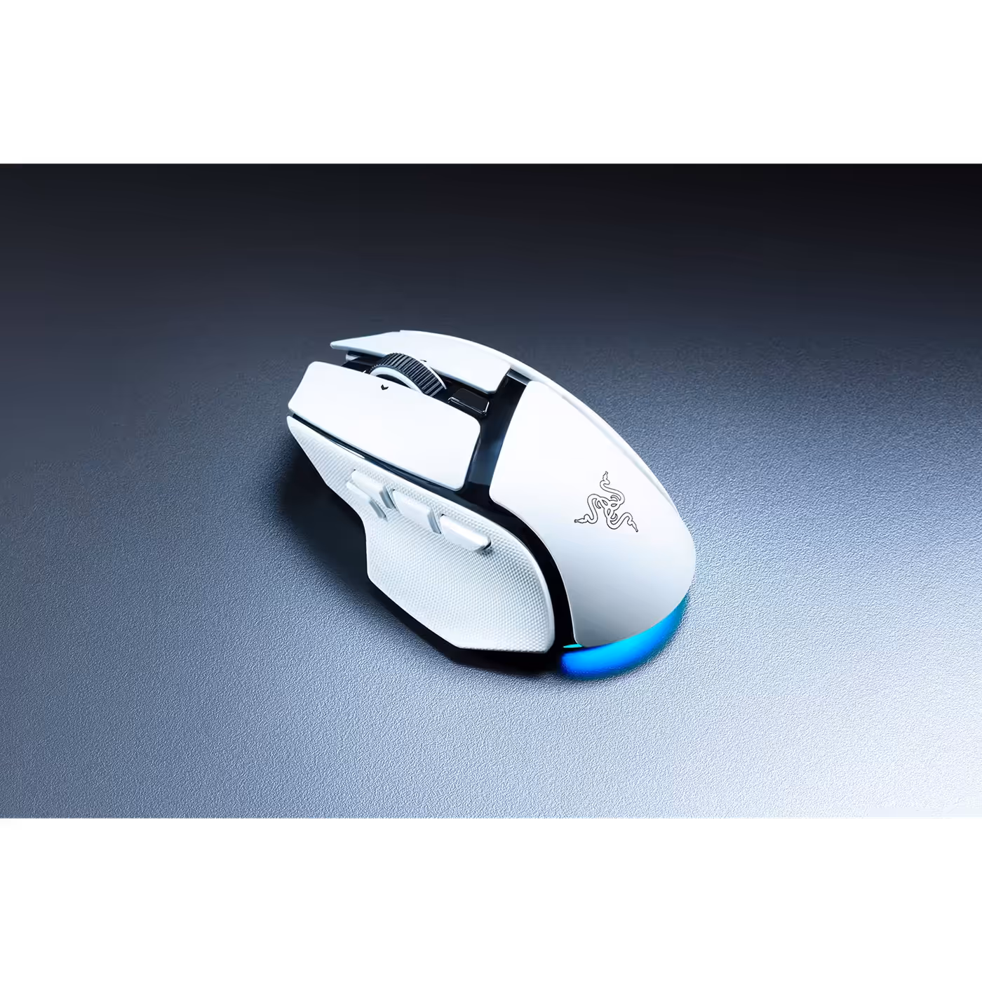 Razer Basilisk V4 HyperSpeed in white on a grey surface