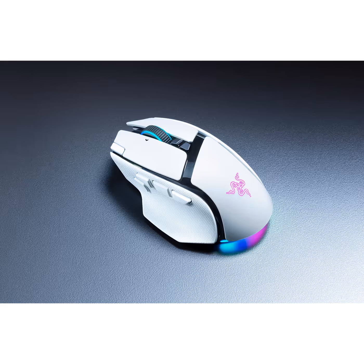White Razer Basilisk V4 Pro with its Chroma lighting on
