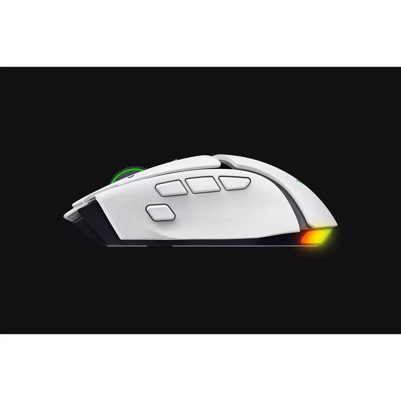 Side view of the white Razer Basilisk V4 Pro showing its side buttons