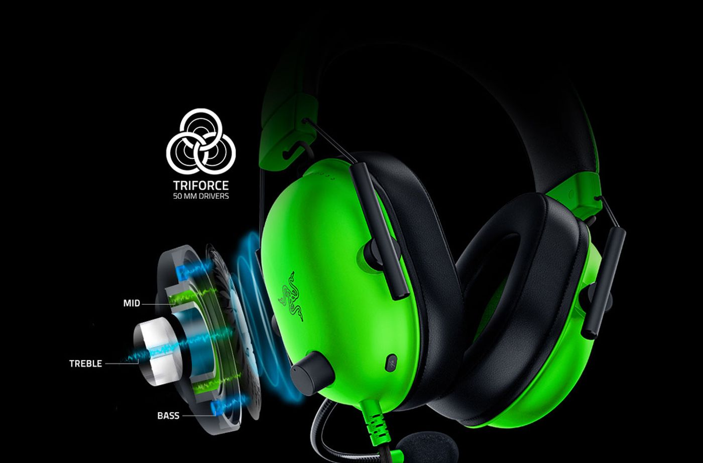 Razer BlackShark V2 X featuring custom-tuned 50mm Triforce audio drivers