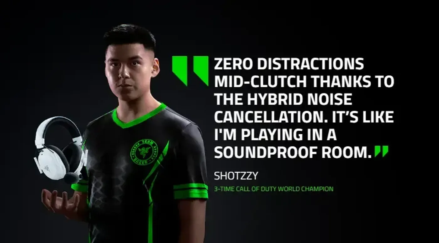 Razer BlackShark V3 Pro headset featuring hybrid active noise cancellation for focused gaming