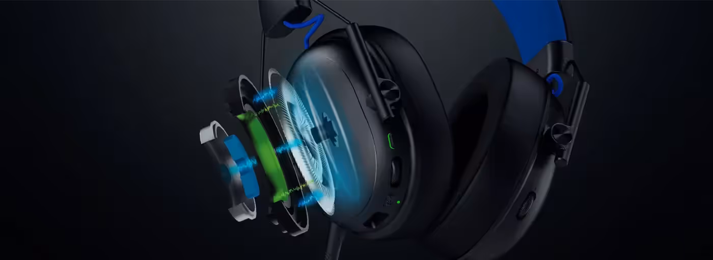 Close-up detail of Razer BlackShark V3 X HyperSpeed Gen-2 TriForce 50mm audio drivers