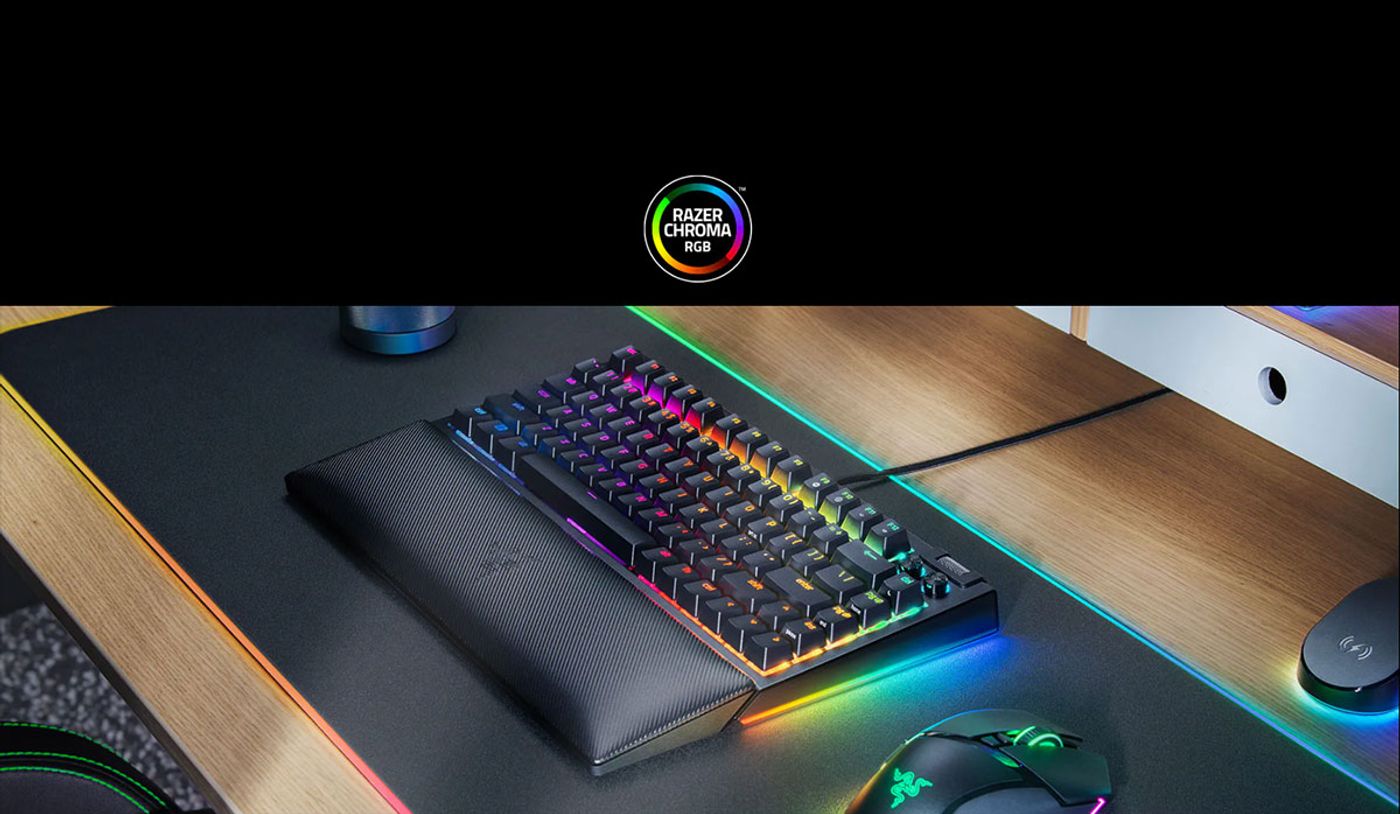 RGB under-glow spilling from the sides of the BlackWidow V4 75% keyboard