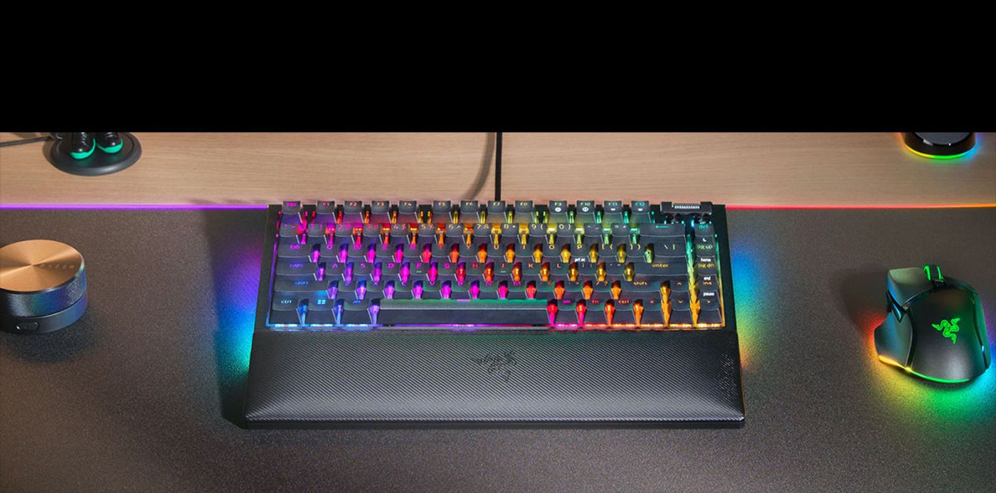 Magnetic plush leatherette wrist rest attached to the BlackWidow V4 75%