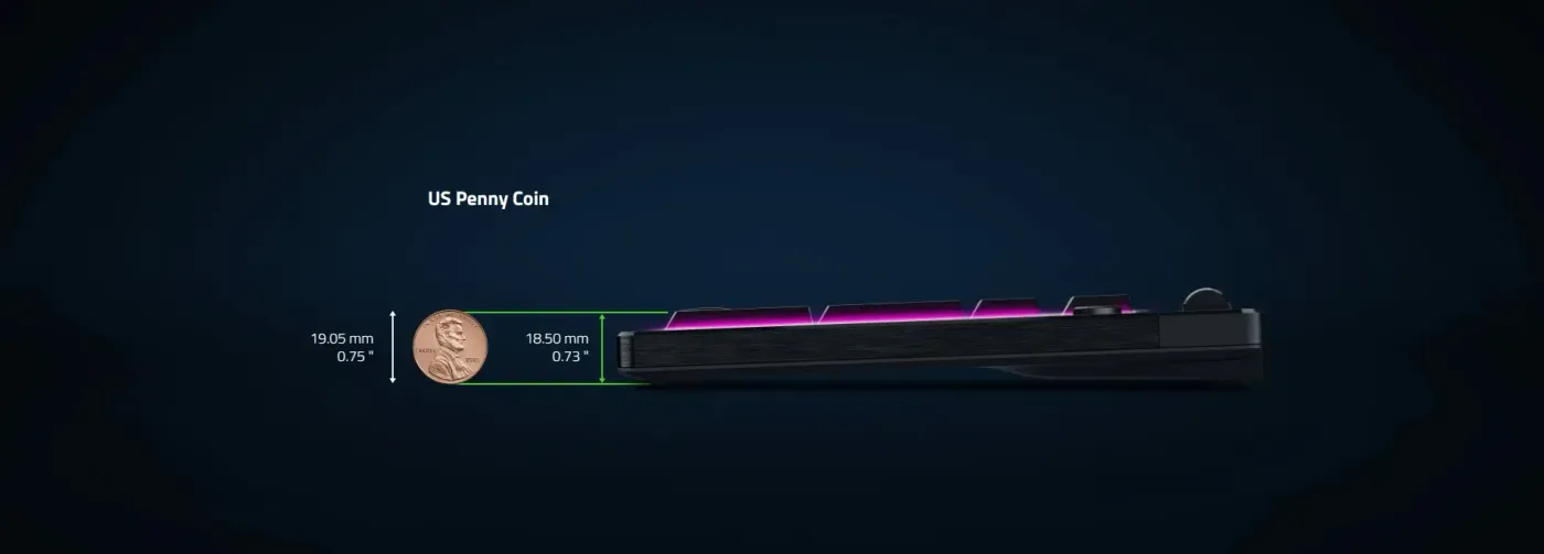 Side view of Razer BlackWidow V4 HyperSpeed Low Profile highlighting ergonomic low-front keyboard design