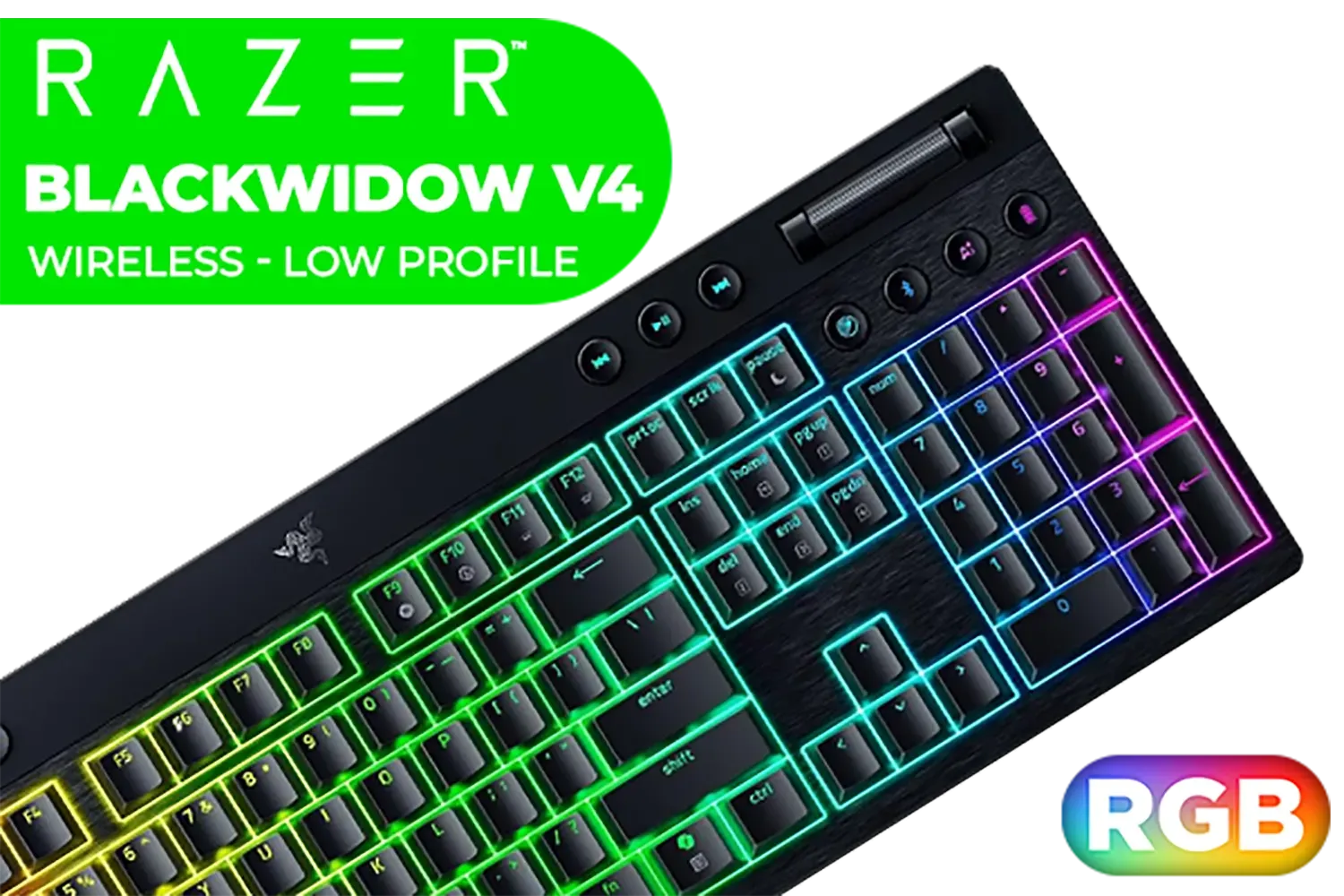 Razer BlackWidow V4 HyperSpeed Low-Profile Mechanical Gaming Keyboard: Green Switches Tactile & Clicky / Chroma RGB / Multi-function Roller & 11 Control Buttons / Durable textured PBT keycaps / Battery life up to 980 hours / HyperSpeed Wireless & Bluetooth connectivity / RZ03-05270100-R3M1