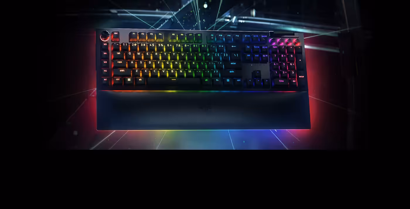 Razer BlackWidow V4 Pro mechanical gaming keyboard showcasing full-blown battlestation immersion and RGB lighting