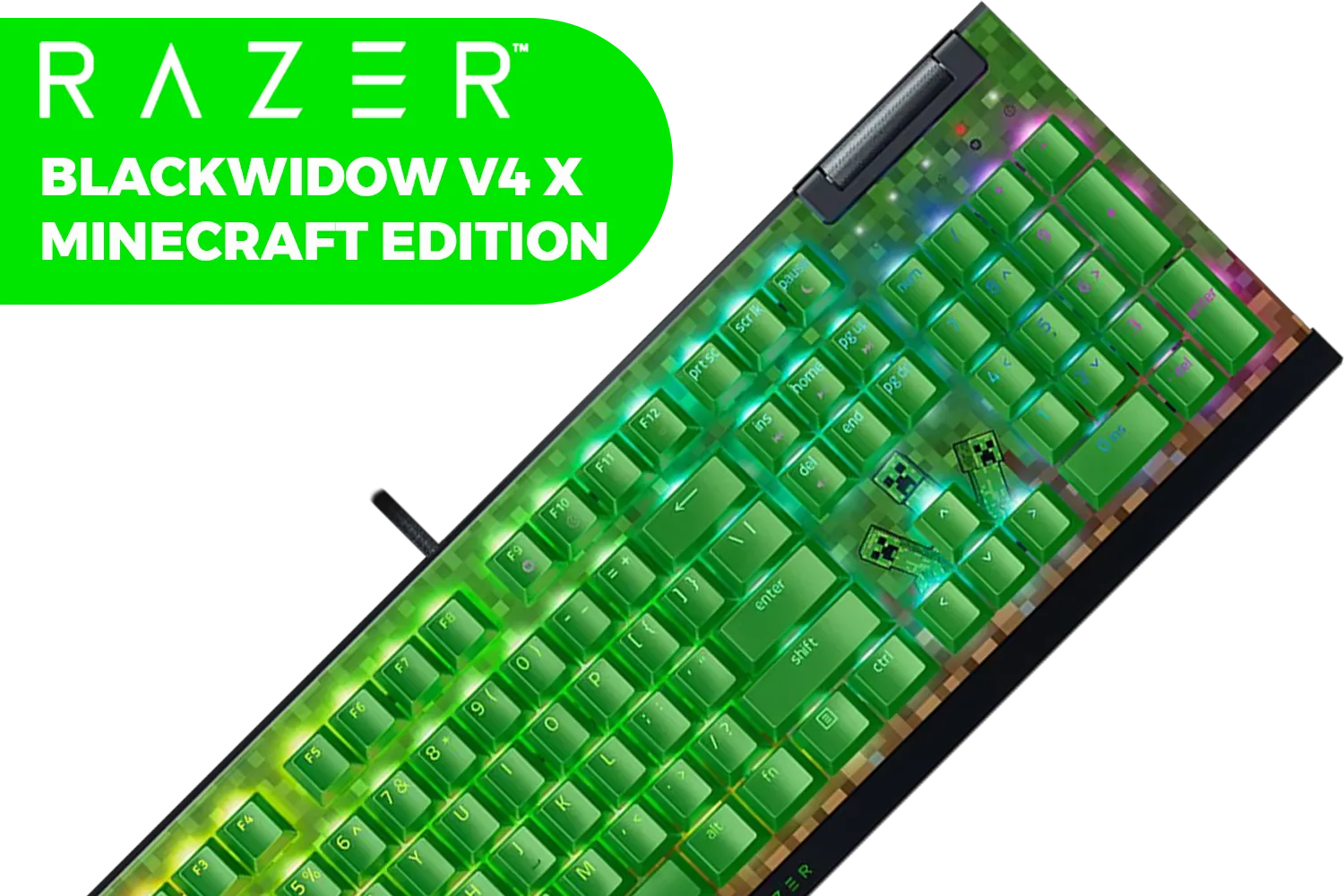 Razer BlackWidow V4 X Mechanical Gaming Keyboard - Minecraft Edition (Green switch) / 6 Dedicated Macro Keys / Chroma RGB / Doubleshot ABS Keycaps / Dedicated Media Roller / RZ03-04704100-R3M1
