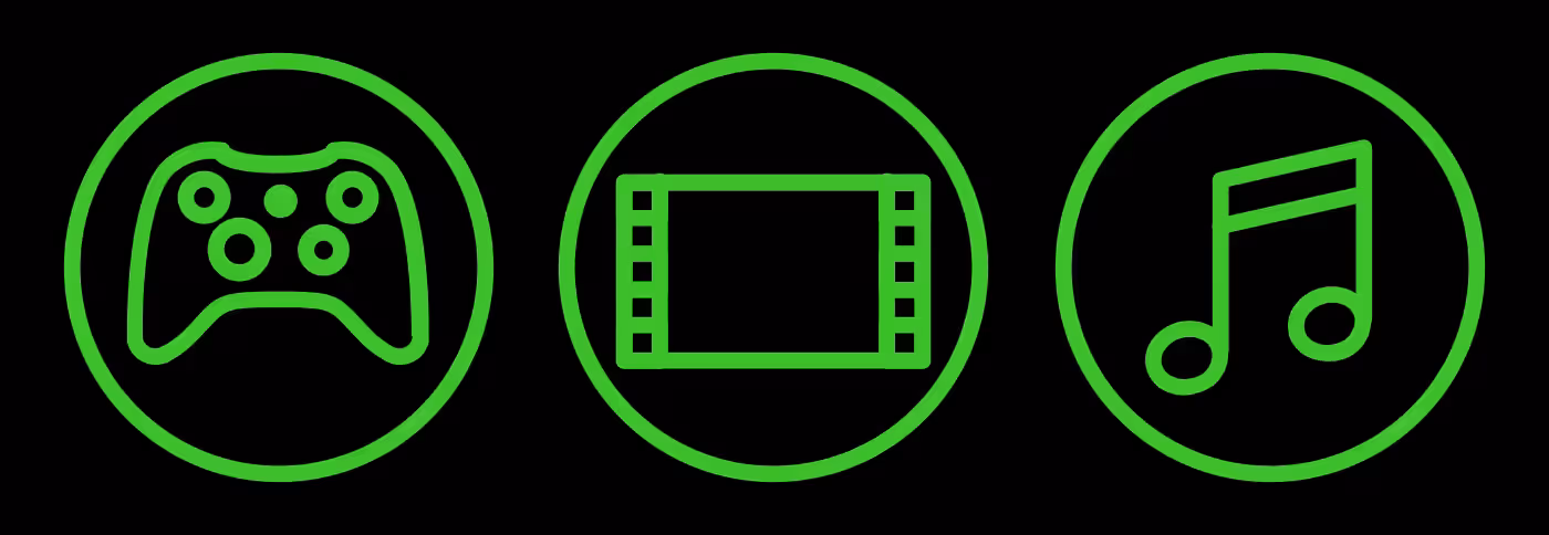Graphic representing three distinct EQ modes for gaming, movies, and music optimization