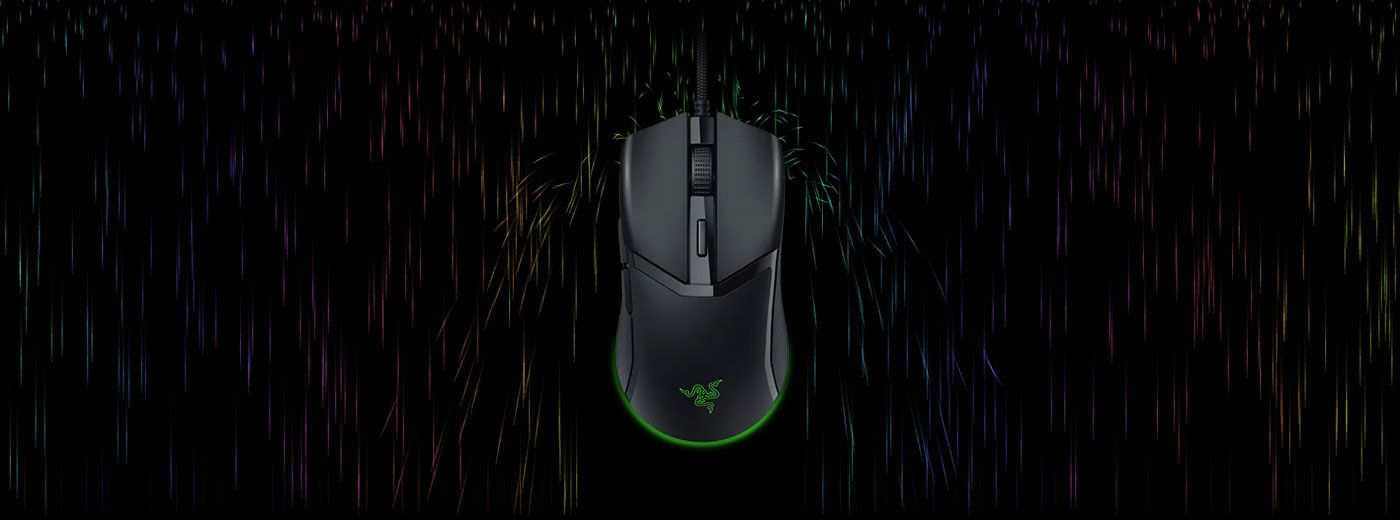 Razer Cobra wired gaming mouse shown with its Chroma RGB gradient underglow lit