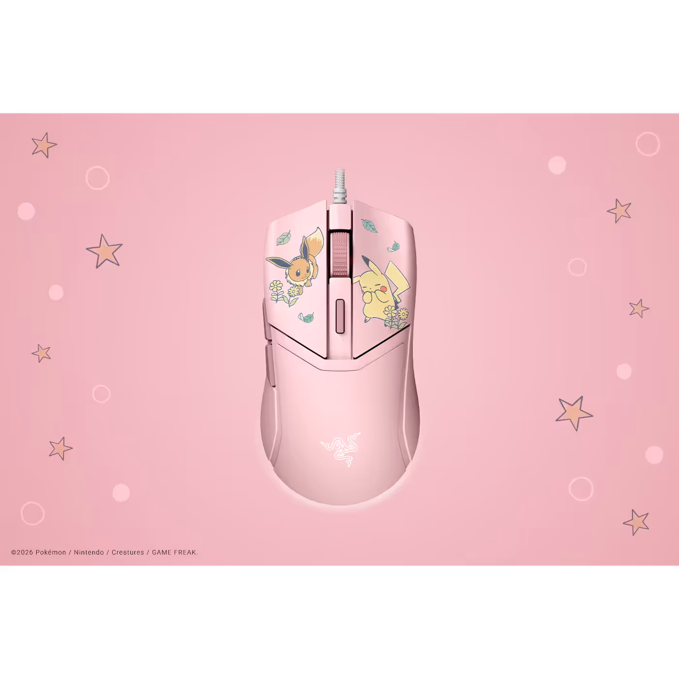 Top-down view of the pink Razer Cobra Pikachu and Eevee mouse