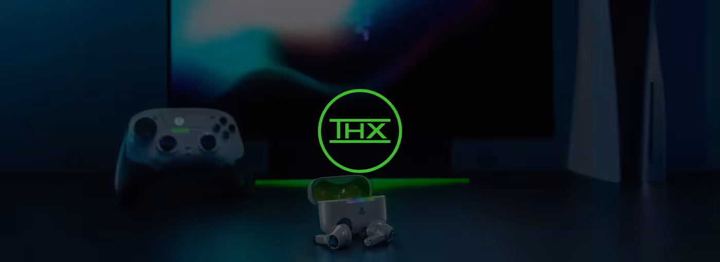 Green circular logo with THX text, above PlayStation wireless earbuds and a PlayStation controller, with a blurred background.