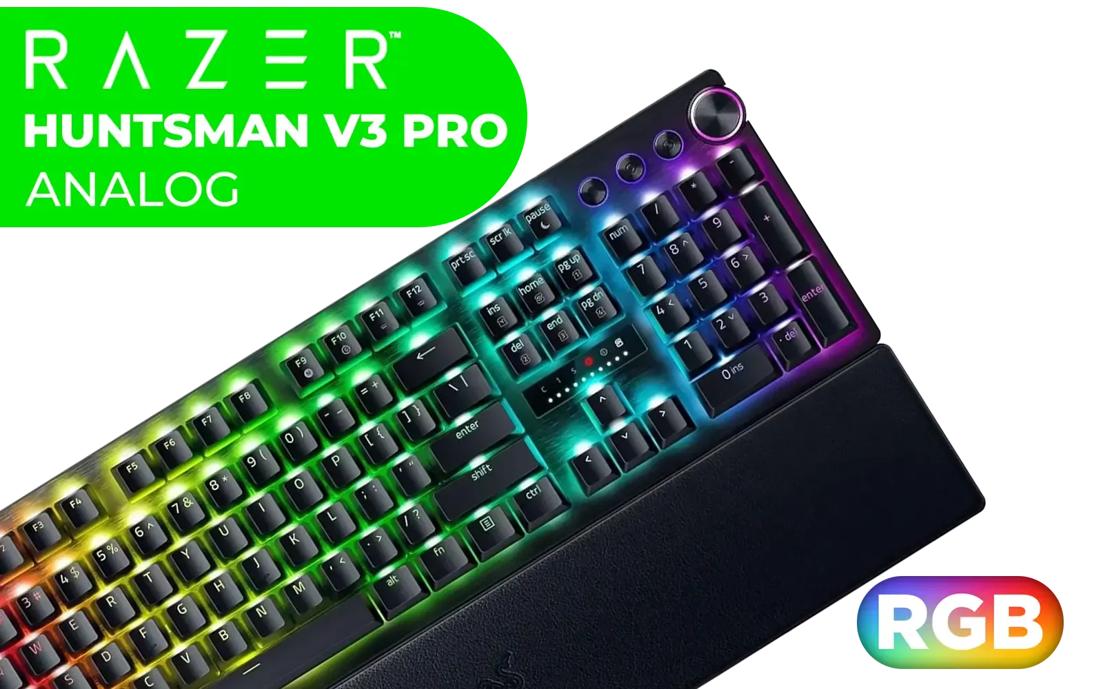 Razer Huntsman V3 Pro Esports Gaming Keyboard - Black / Analog Optical Switches w/Rapid Trigger & Adjustable Actuation / Media Keys & Dial / Doubleshot PBT Keycaps / Aluminum Top Plate / Wrist Rest / RZ03-04970100-R3M1
