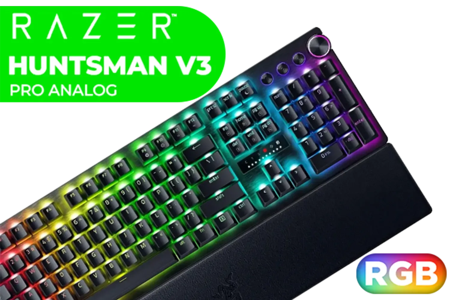 Razer Huntsman V3 Pro Esports Gaming Keyboard - Black / Analog Optical Switches w/Rapid Trigger & Adjustable Actuation / Media Keys & Dial / Doubleshot PBT Keycaps / Aluminum Top Plate / Wrist Rest / RZ03-04970100-R3M1