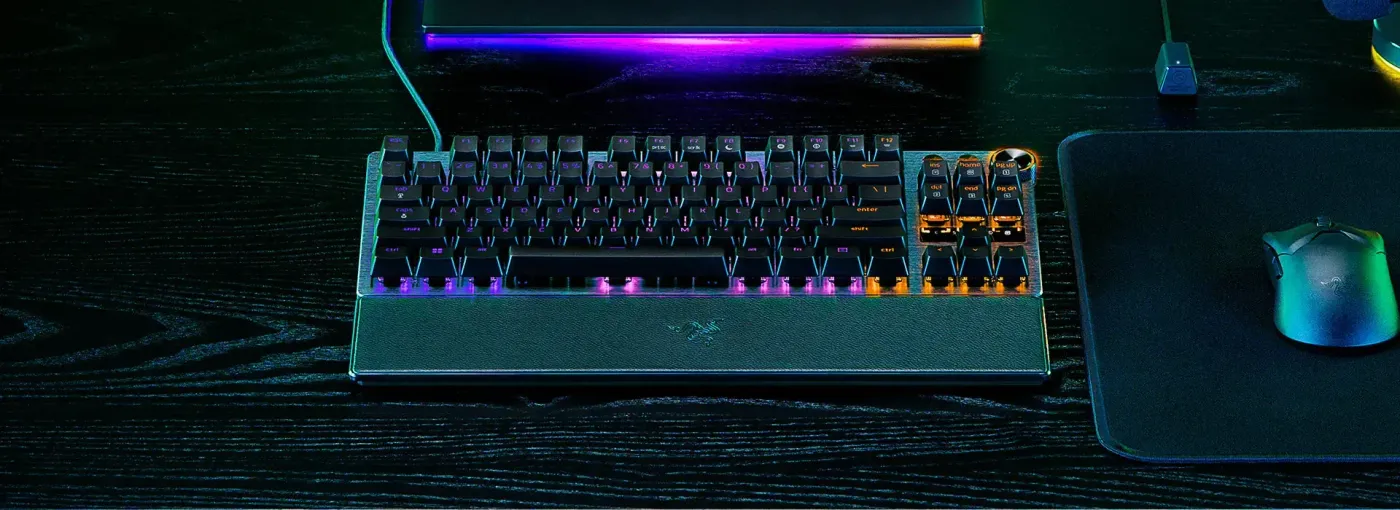 Razer Huntsman V3 Pro TKL keyboard with the attached magnetic leatherette wrist rest