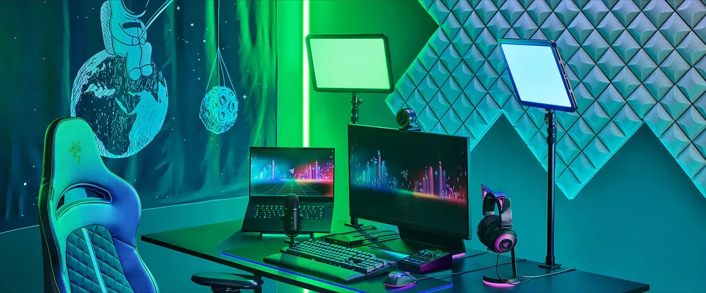 Razer Key Light Chroma displaying vibrant colour output on a desk setup