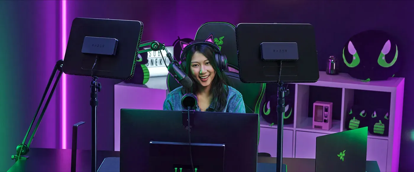 Razer Key Light Chroma positioned above a monitor in a streaming setup