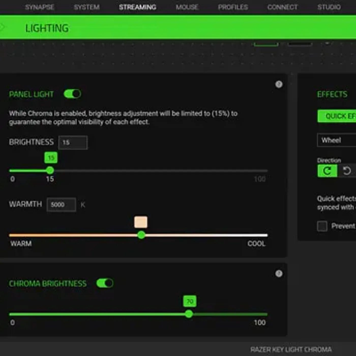 Razer Synapse software controlling the Key Light Chroma settings